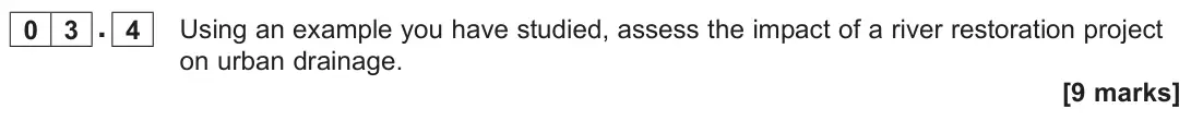 November 2021 Paper 2, question 03.4: Using an example you have studied, assess the impact of a river restoration project on urban drainage. [9 marks]