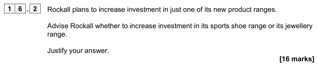 June 2022 AS Paper 1, question 16.2: Rockall plans to increase investment in just one of its new product ranges. Advise Rockall whether to increase investment in its sports shoe range or its jewell