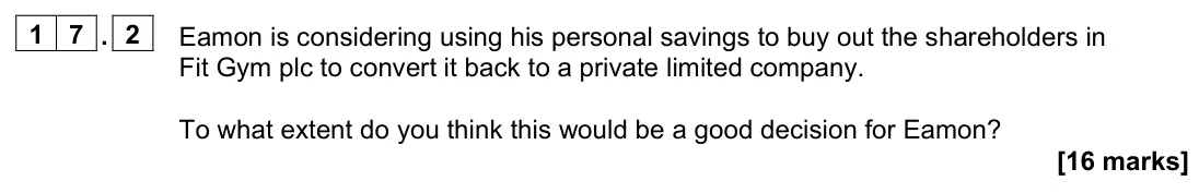 June 2022 AS Paper 1, question 17.2: Eamon is considering using his personal savings to buy out the shareholders in Fit Gym plc to convert it back to a private limited company. To what extent do yo