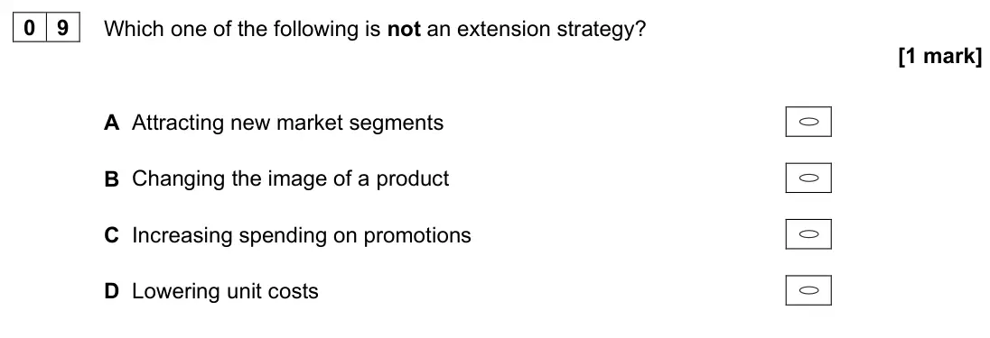 June 2023 AS Paper 1, question 09: Which one of the following is not an extension strategy? [1 mark] A Attracting new market segments B Changing the image of a product C Increasing spending on pr