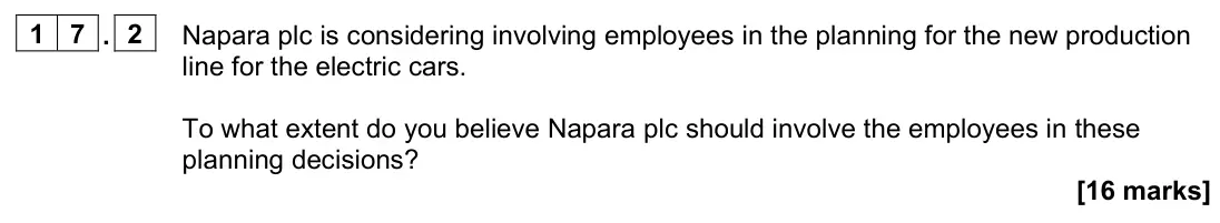 June 2023 AS Paper 1, question 17.2: Napara plc is considering involving employees in the planning for the new production line for the electric cars. To what extent do you believe Napara plc should