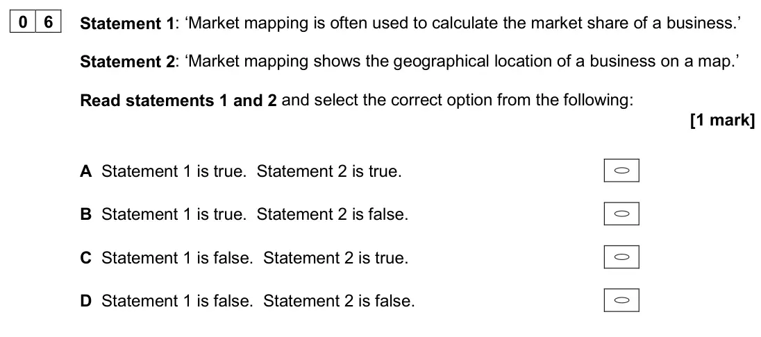 June 2024 AS Paper 1, question 06: Statement 1: ‘Market mapping is often used to calculate the market share of a business.’ Statement 2: ‘Market mapping shows the geographical location of a busin