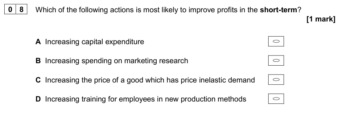 June 2024 AS Paper 1, question 08: Which of the following actions is most likely to improve profits in the short-term? [1 mark] A Increasing capital expenditure B Increasing spending on marketing