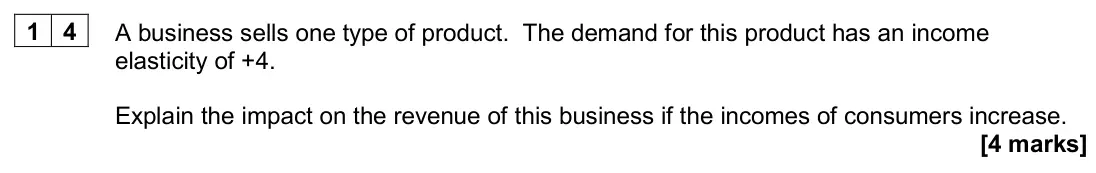 June 2024 AS Paper 1, question 14: A business sells one type of product. The demand for this product has an income elasticity of +4. Explain the impact on the revenue of this business if the inco