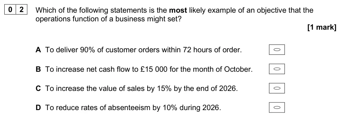 June 2025 AS Paper 1, question 02: Which of the following statements is the most likely example of an objective that the operations function of a business might set? [1 mark] A To deliver 90% of 