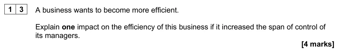 June 2025 AS Paper 1, question 13: A business wants to become more efficient. Explain one impact on the efficiency of this business if it increased the span of control of its managers. [4 marks]