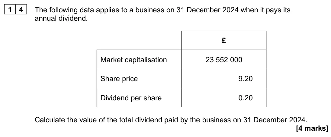 June 2025 AS Paper 1, question 14: The following data applies to a business on 31 December 2024 when it pays its annual dividend. £ Market capitalisation 23 552 000 Share price 9.20 Dividend per