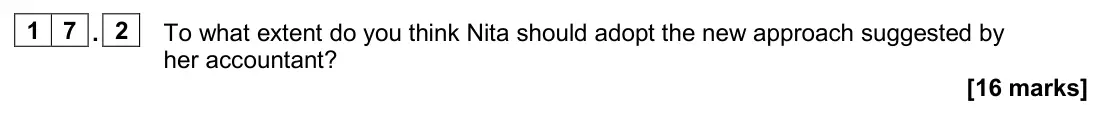 June 2025 AS Paper 1, question 17.2: To what extent do you think Nita should adopt the new approach suggested by her accountant? [16 marks] 1 7 Diggin’ It garden care Nita set up a gardening busine