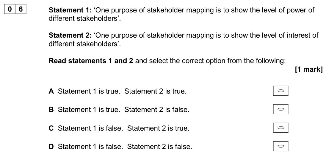 November 2020 AS Paper 1, question 06: Statement 1: ‘One purpose of stakeholder mapping is to show the level of power of different stakeholders’. Statement 2: ‘One purpose of stakeholder mapping is t