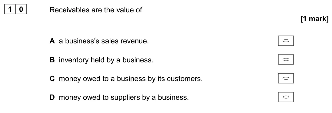 November 2020 AS Paper 1, question 10: Receivables are the value of [1 mark] A a business’s sales revenue. B inventory held by a business. C money owed to a business by its customers. D money owed to