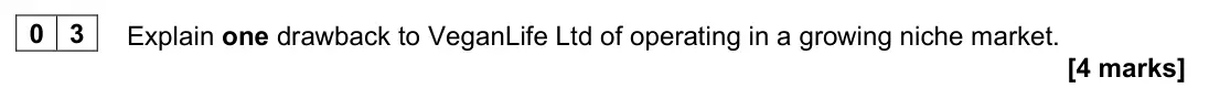 June 2022 AS Paper 2, question 03: Explain one drawback to VeganLife Ltd of operating in a growing niche market. [4 marks] VeganLife Ltd VeganLife Ltd (VL) is a manufacturer and online supplier t