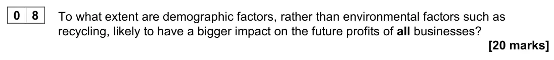 June 2022 AS Paper 2, question 08: To what extent are demographic factors, rather than environmental factors such as recycling, likely to have a bigger impact on the future profits of all busines