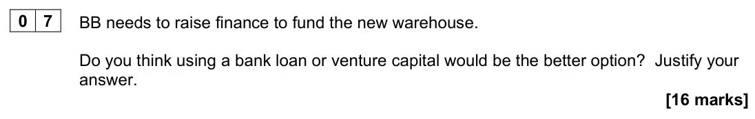 June 2023 AS Paper 2, question 07: BB needs to raise finance to fund the new warehouse. Do you think using a bank loan or venture capital would be the better option? Justify your answer. [16 mark