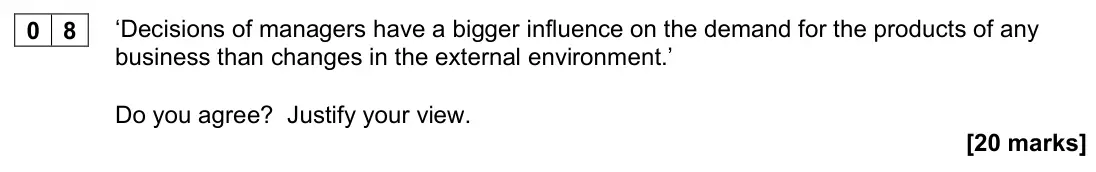 November 2020 AS Paper 2, question 08: ‘Decisions of managers have a bigger influence on the demand for the products of any business than changes in the external environment.’ Do you agree? Justify y