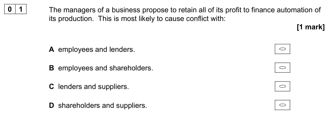 June 2022 Paper 1, question 01: The managers of a business propose to retain all of its profit to finance automation of its production. This is most likely to cause conflict with: [1 mark] A e