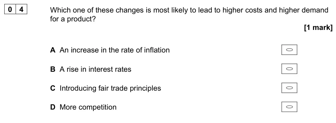 June 2022 Paper 1, question 04: Which one of these changes is most likely to lead to higher costs and higher demand for a product? [1 mark] A An increase in the rate of inflation B A rise in i