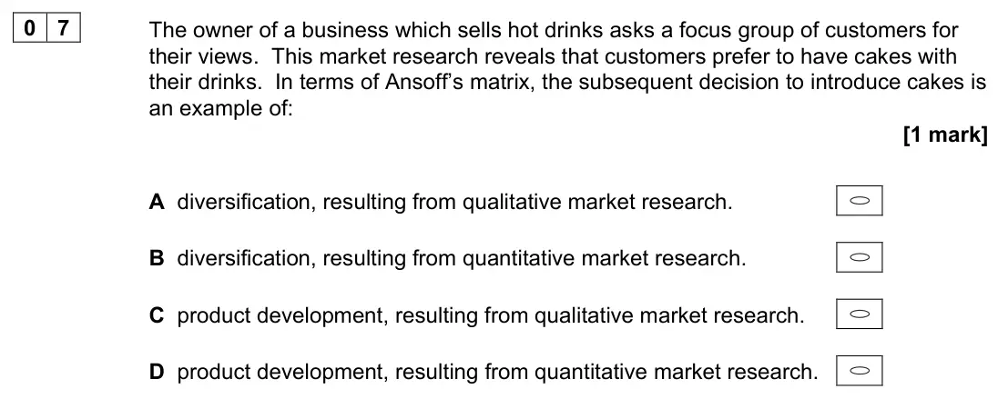 June 2022 Paper 1, question 07: The owner of a business which sells hot drinks asks a focus group of customers for their views. This market research reveals that customers prefer to have cakes