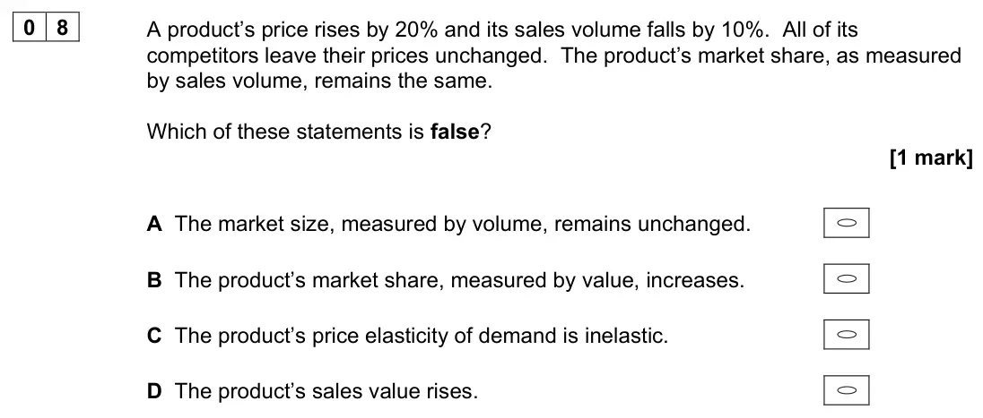 June 2022 Paper 1, question 08: A product’s price rises by 20% and its sales volume falls by 10%. All of its competitors leave their prices unchanged. The product’s market share, as measured b