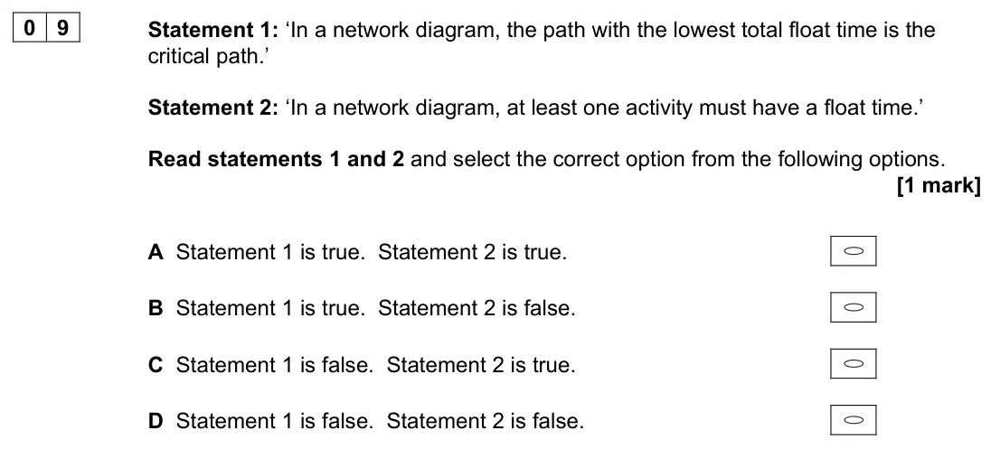 June 2022 Paper 1, question 09: Statement 1: ‘In a network diagram, the path with the lowest total float time is the critical path.’ Statement 2: ‘In a network diagram, at least one activity m