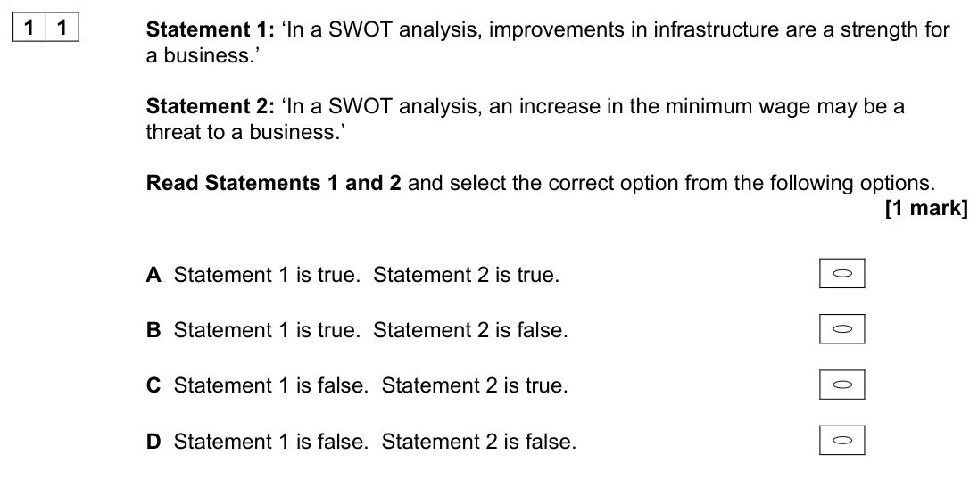 June 2022 Paper 1, question 11: Statement 1: ‘In a SWOT analysis, improvements in infrastructure are a strength for a business.’ Statement 2: ‘In a SWOT analysis, an increase in the minimum wa