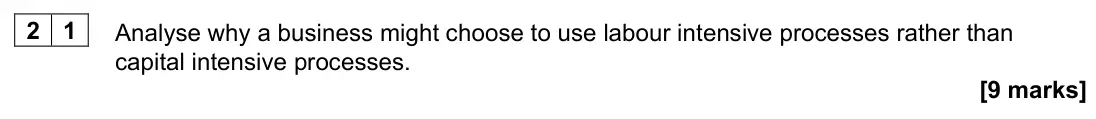 June 2022 Paper 1, question 21: Analyse why a business might choose to use labour intensive processes rather than capital intensive processes. [9 marks]