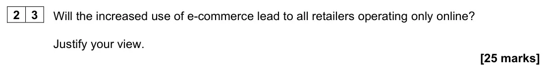 June 2022 Paper 1, question 23: Will the increased use of e-commerce lead to all retailers operating only online? Justify your view. [25 marks]