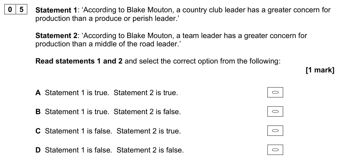 June 2023 Paper 1, question 05: Statement 1: ‘According to Blake Mouton, a country club leader has a greater concern for production than a produce or perish leader.’ Statement 2: ‘According to