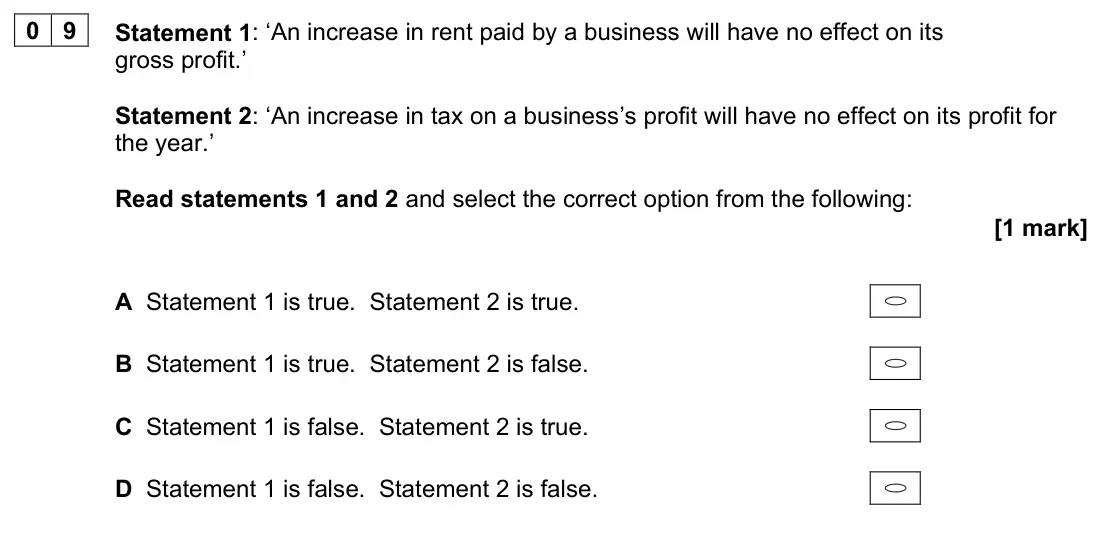June 2023 Paper 1, question 09: Statement 1: ‘An increase in rent paid by a business will have no effect on its gross profit.’ Statement 2: ‘An increase in tax on a business’s profit will have