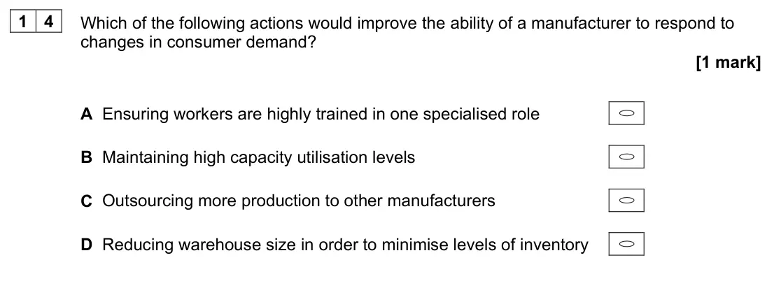 June 2023 Paper 1, question 14: Which of the following actions would improve the ability of a manufacturer to respond to changes in consumer demand? [1 mark] A Ensuring workers are highly trai