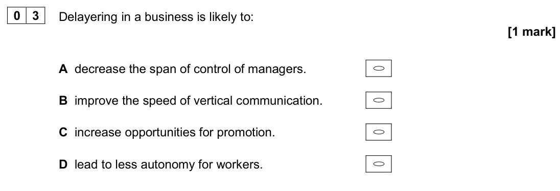 June 2024 Paper 1, question 03: Delayering in a business is likely to: [1 mark] A decrease the span of control of managers. B improve the speed of vertical communication. C increase opportunit