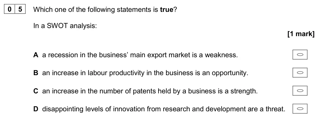 June 2024 Paper 1, question 05: Which one of the following statements is true? In a SWOT analysis: [1 mark] A a recession in the business’ main export market is a weakness. B an increase in la