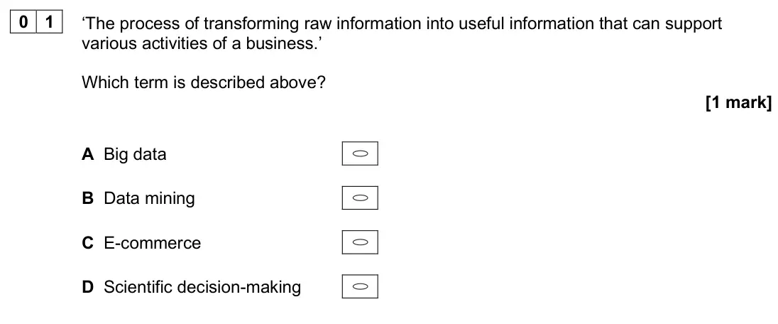 June 2025 Paper 1, question 01: ‘The process of transforming raw information into useful information that can support various activities of a business.’ Which term is described above? [1 mark]