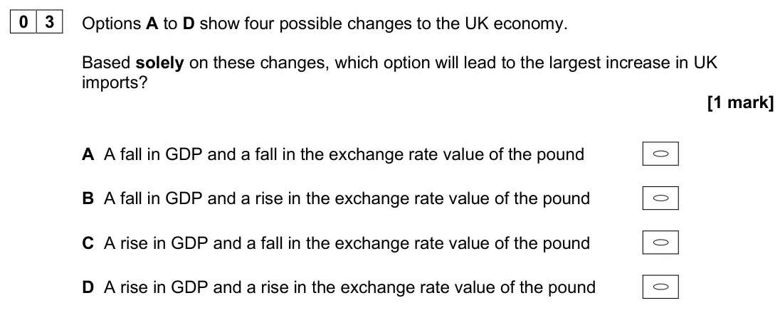 June 2025 Paper 1, question 03: Options A to D show four possible changes to the UK economy. Based solely on these changes, which option will lead to the largest increase in UK imports? [1 mar