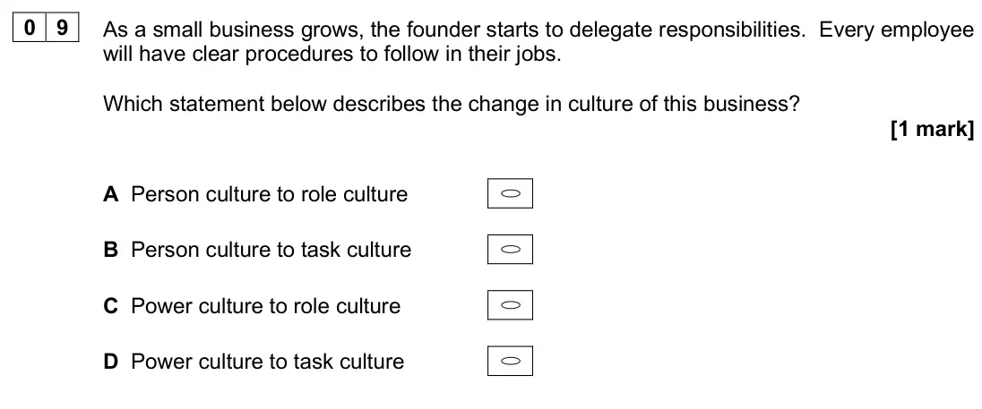 June 2025 Paper 1, question 09: As a small business grows, the founder starts to delegate responsibilities. Every employee will have clear procedures to follow in their jobs. Which statement b