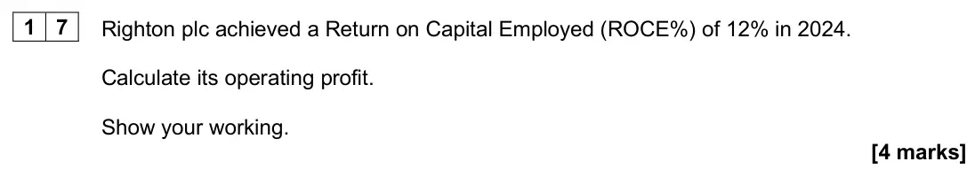 June 2025 Paper 1, question 17: Righton plc achieved a Return on Capital Employed (ROCE%) of 12% in 2024. Calculate its operating profit. Show your working. [4 marks] Questions 16 and 17 are b