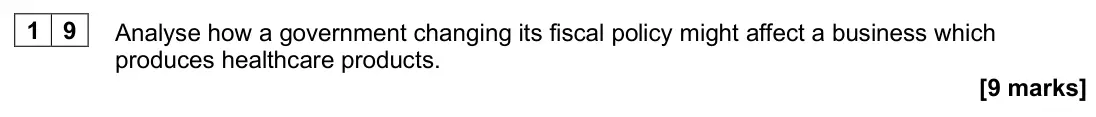 June 2025 Paper 1, question 19: Analyse how a government changing its fiscal policy might affect a business which produces healthcare products. [9 marks]