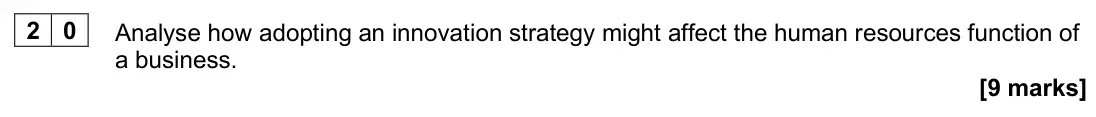 June 2025 Paper 1, question 20: Analyse how adopting an innovation strategy might affect the human resources function of a business. [9 marks]