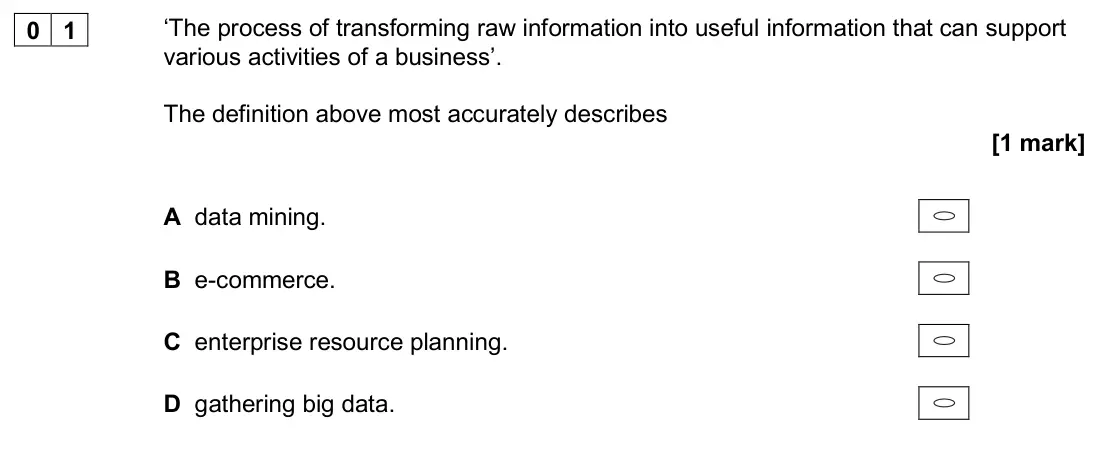 November 2020 Paper 1, question 01: ‘The process of transforming raw information into useful information that can support various activities of a business’. The definition above most accurately de