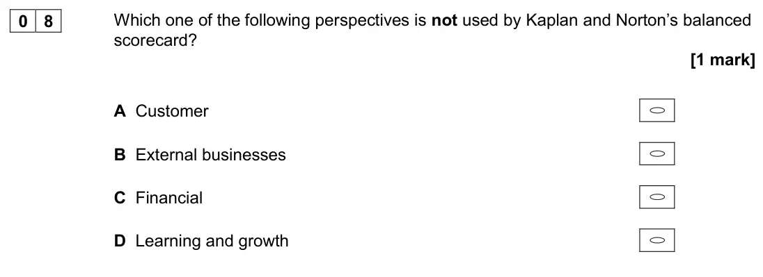 November 2020 Paper 1, question 08: Which one of the following perspectives is not used by Kaplan and Norton’s balanced scorecard? [1 mark] A Customer B External businesses C Financial D Learning 