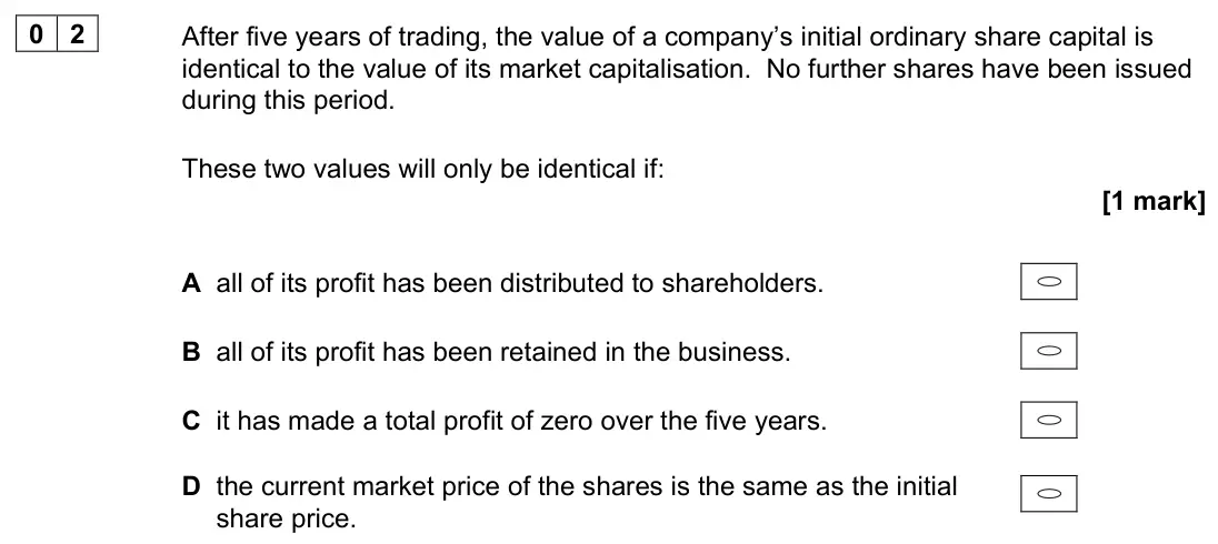 November 2021 Paper 1, question 02: After five years of trading, the value of a company’s initial ordinary share capital is identical to the value of its market capitalisation. No further shares h