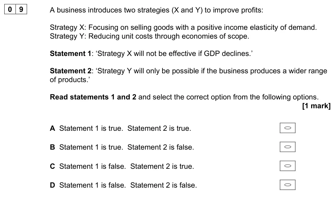 November 2021 Paper 1, question 09: A business introduces two strategies (X and Y) to improve profits: Strategy X: Focusing on selling goods with a positive income elasticity of demand. Strategy Y