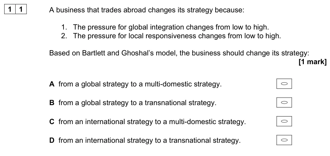 November 2021 Paper 1, question 11: A business that trades abroad changes its strategy because: 1. The pressure for global integration changes from low to high. 2. The pressure for local responsiv