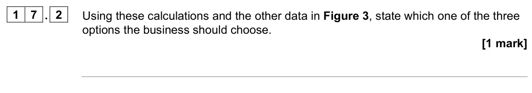 November 2021 Paper 1, question 17.2: Using these calculations and the other data in Figure 3, state which one of the three options the business should choose. [1 mark] 1 7 Figure 3 shows a decision