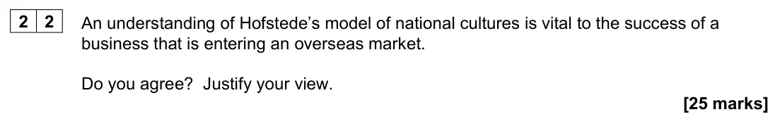 November 2021 Paper 1, question 22: An understanding of Hofstede’s model of national cultures is vital to the success of a business that is entering an overseas market. Do you agree? Justify your