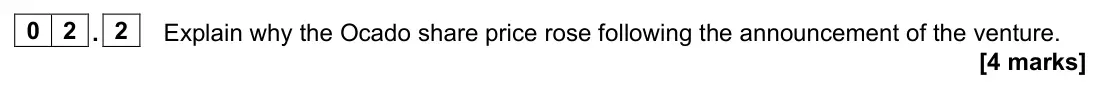 June 2022 Paper 2, question 02.2: Explain why the Ocado share price rose following the announcement of the venture. [4 marks] 0 2 Read the information below and then answer the questions that fo
