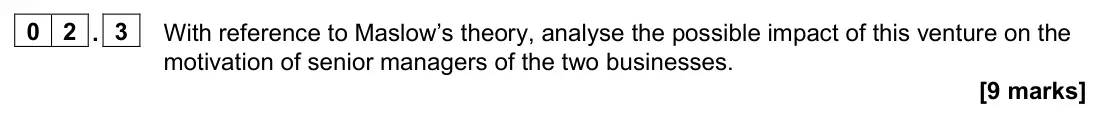 June 2022 Paper 2, question 02.3: With reference to Maslow’s theory, analyse the possible impact of this venture on the motivation of senior managers of the two businesses. [9 marks] 0 2 Read th