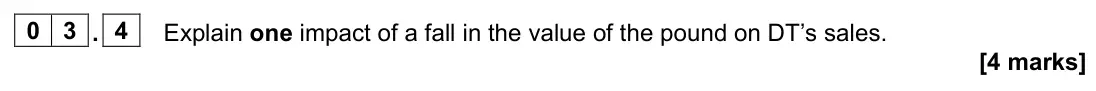 June 2022 Paper 2, question 03.4: Explain one impact of a fall in the value of the pound on DT’s sales. [4 marks] 0 3 Read the information below and then answer the questions that follow. Disrup