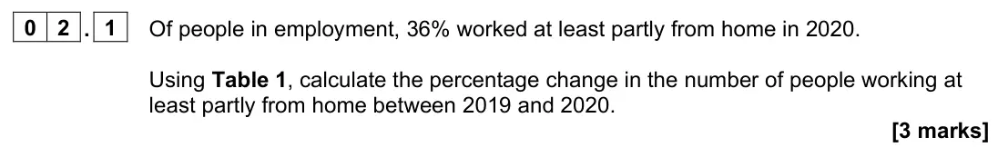 June 2023 Paper 2, question 02.1: Of people in employment, 36% worked at least partly from home in 2020. Using Table 1, calculate the percentage change in the number of people working at least p