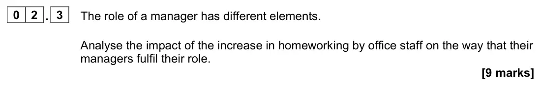 June 2023 Paper 2, question 02.3: The role of a manager has different elements. Analyse the impact of the increase in homeworking by office staff on the way that their managers fulfil their role