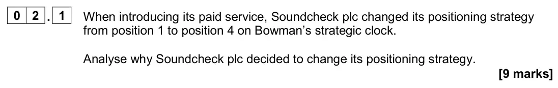 June 2024 Paper 2, question 02.1: When introducing its paid service, Soundcheck plc changed its positioning strategy from position 1 to position 4 on Bowman’s strategic clock. Analyse why Soundc